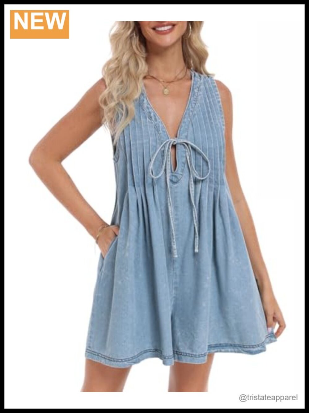 Women's Denim Romper Sleeveless Tie Front V Neck Ruffle Jean Short Overall